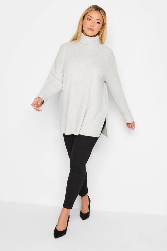 Plus Size Light Grey Soft Touch Ribbed Turtle Neck Top | Yours Clothing 2