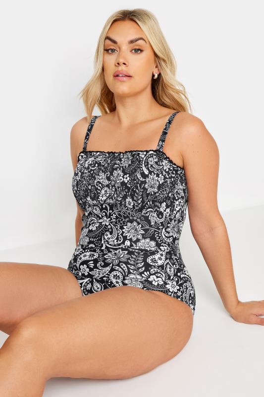  Tallas Grandes YOURS Curve Black Paisley Print Shirred Tummy Control Swimsuit