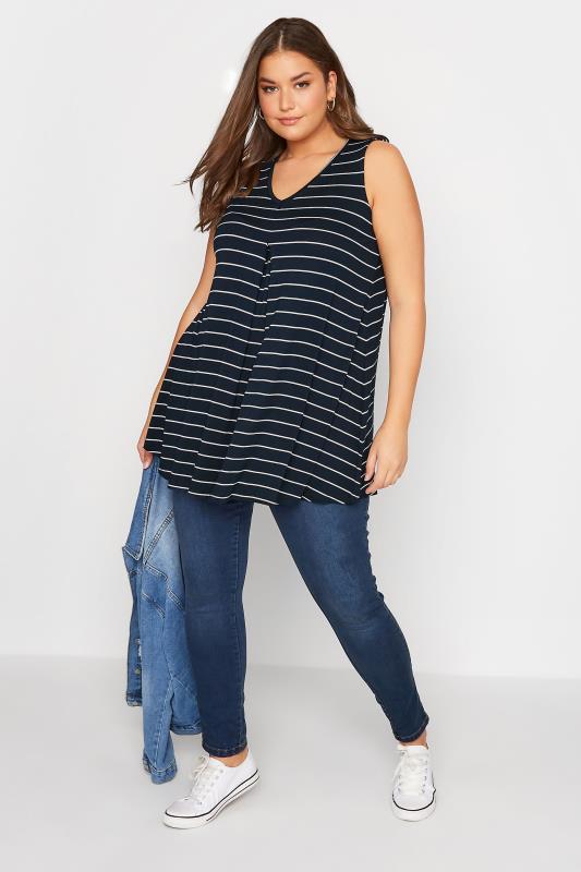 Plus Size Blue Stripe Sleeveless Pleat Detail Vest Top | Yours Clothing  3