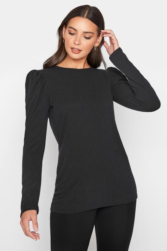LTS Tall Black Ribbed Puff Sleeve Top 1