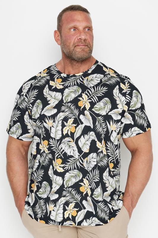JACK & JONES Big & Tall Black Tropical Print Short Sleeve T-Shirt | BadRhino 1