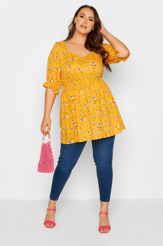 Curve Mustard Yellow Floral Print Sweetheart Puff Sleeve Top 2