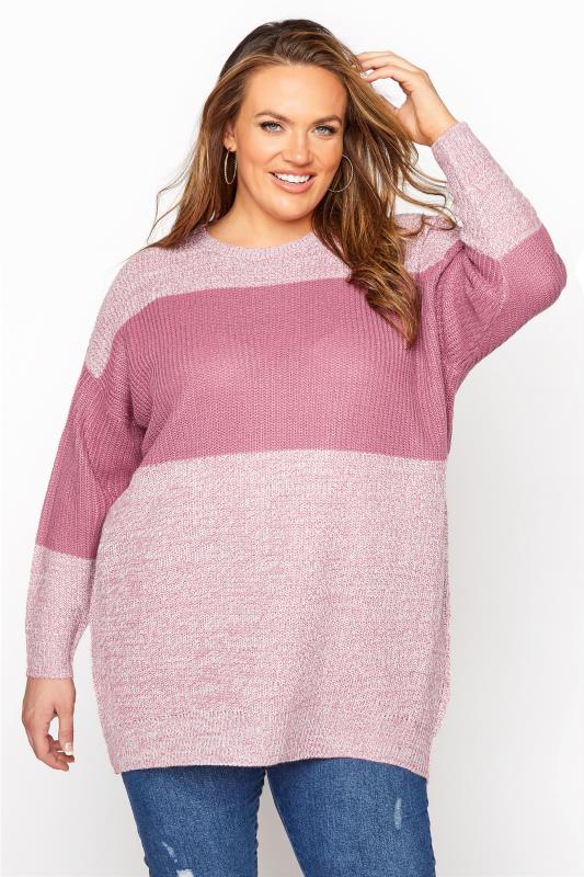Plus Size  Pink Colour Block Knitted Jumper