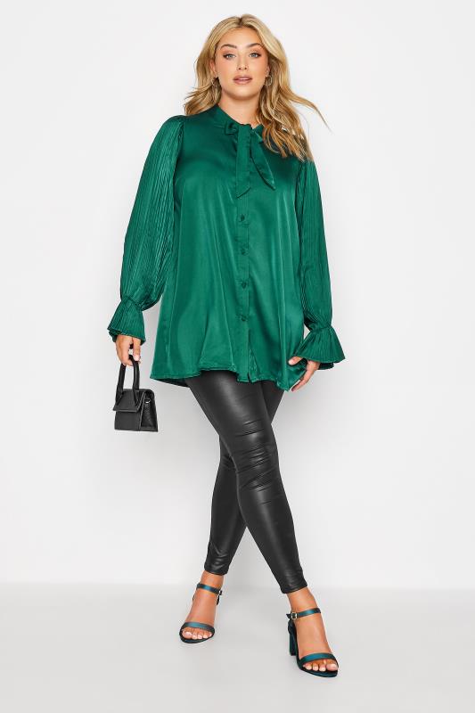 YOURS LONDON Curve Emerald Green Satin Pleated Bow Blouse 2
