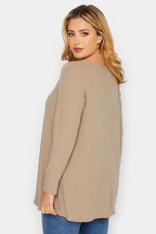 Plus Size Beige Brown Long Sleeve Ribbed Swing Top | Yours Clothing 3