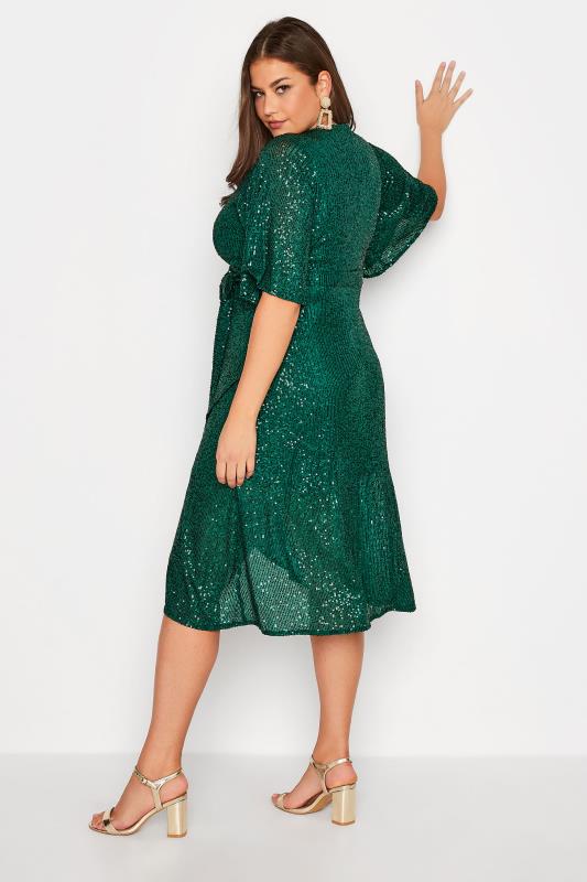 YOURS LONDON Plus Size Green Sequin Embellished Double Wrap Dress | Yours Clothing 3