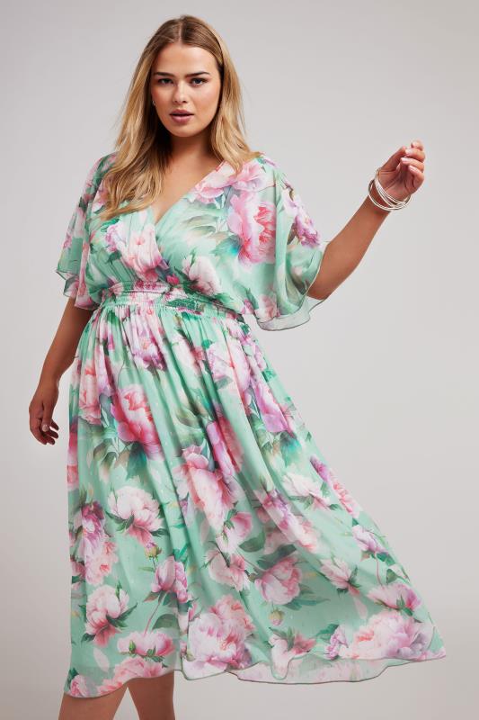 YOURS LONDON Plus Size Green Floral Print Wrap Midi Dress | Yours Clothing 1