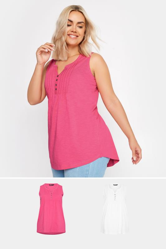 YOURS Plus Size 2 PACK Pink & White Pintuck Henley Vest Tops | Yours Clothing 1