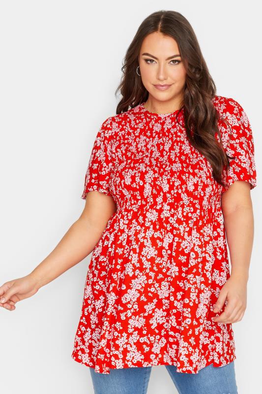 Plus Size  YOURS Curve Red Ditsy Floral Shirred Top