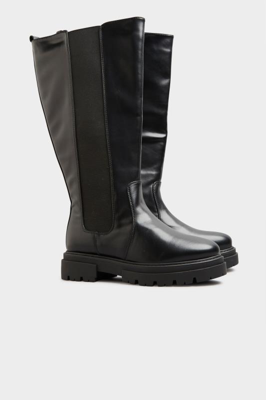  LIMITED COLLECTION Black Elasticated Knee High Cleated Boots In Extra Wide EEE Fit