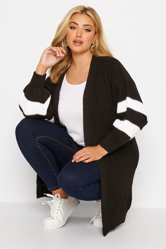  Tallas Grandes YOURS Curve Black Varsity Stripes Knitted Cardigan