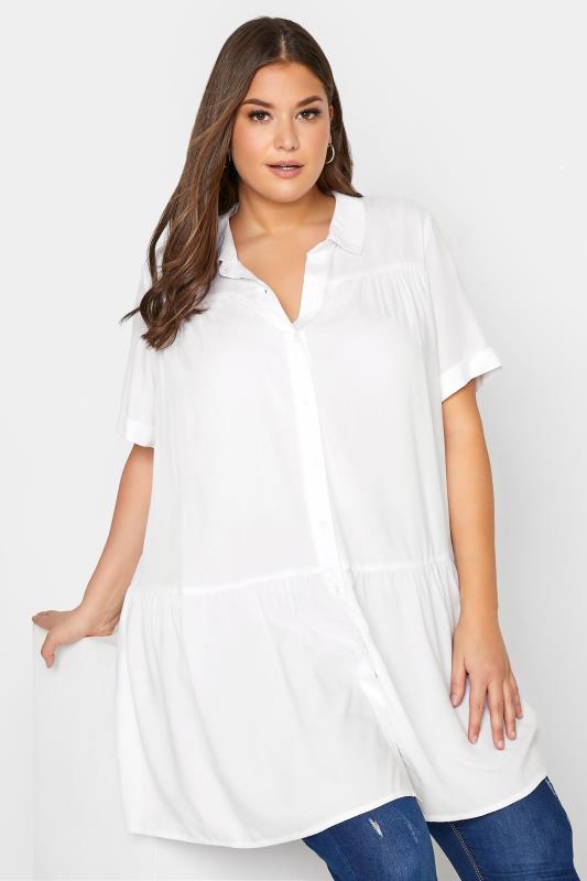 Plus Size  Curve White Tiered Short Sleeve Shirt