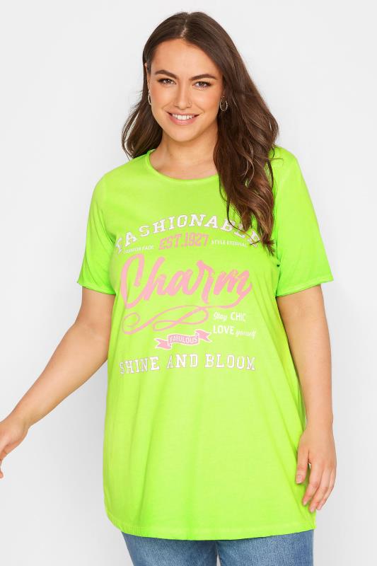 Plus Size  Curve Green 'Charm' Slogan Printed T-Shirt