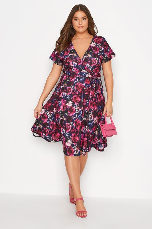 YOURS LONDON Plus Size Black & Pink Floral Wrap Skater Dress | Yours Clothing 1