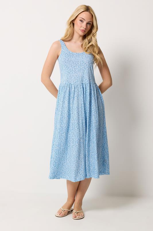  M&Co vestido midi de algodón con estampado de florecillas azul