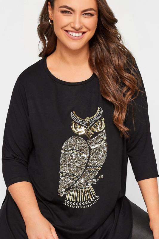 YOURS LUXURY Plus Size Black Owl Sequin Embellished Top | Yours Clothing 1