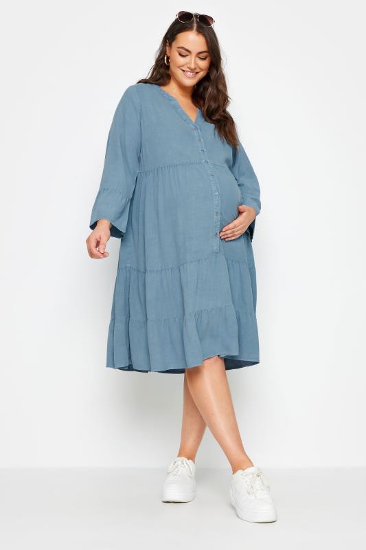 BUMP IT UP MATERNITY Plus Size Blue Tiered Midi Dress | Yours Clothing 4