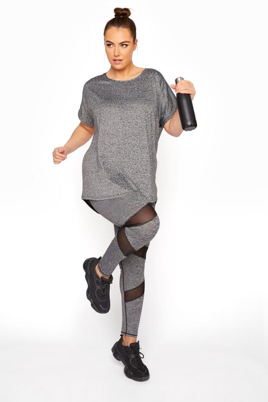 ACTIVE Grey Marl Mesh Insert High Waisted Gym Leggings | Yours Clothing 1