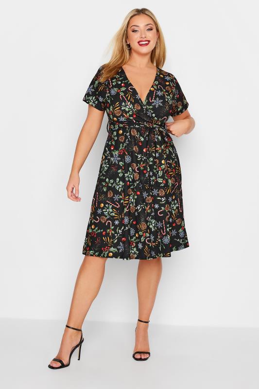 YOURS LONDON Plus Size Black Christmas Print Wrap Skater Dress | Yours Clothing 2