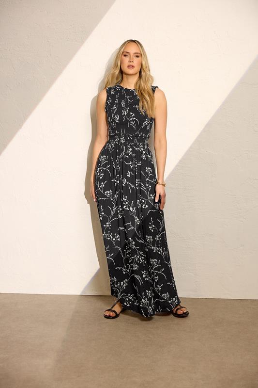  LTS Tall – Gerafftes Maxikleid in Schwarz mit Blümchenmuster