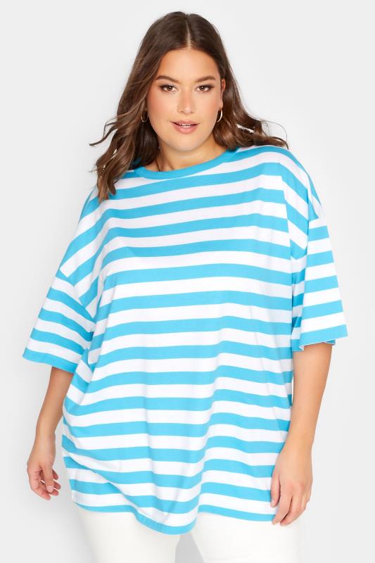 YOURS Plus Size Curve Blue & White Stripe Oversized Boxy T-Shirt | Yours Clothing  1
