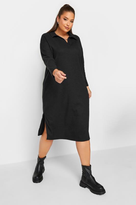 Plus Size Black Soft Touch Open Collar Midi Dress | Yours Clothing  2