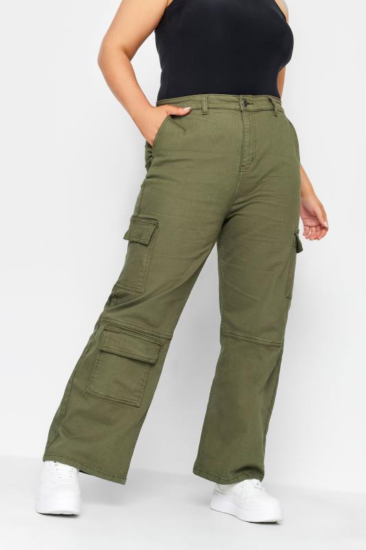Plus Size  YOURS Curve Khaki Green Wide Leg Pocket Cargo Trousers