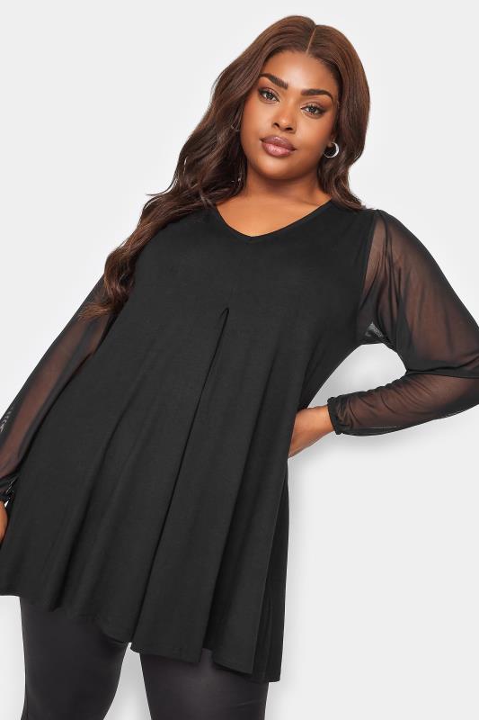 YOURS Plus Size Black Mesh Sleeve Pleated Swing Top | Yours Clothing 1