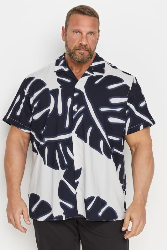  JACK & JONES Big & Tall Black & White Leaf Print Resort Shirt