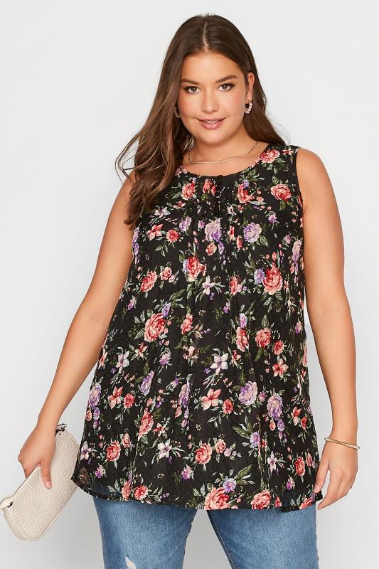 Plus Size Black Floral Print Pleat Front Sleeveless Blouse | Yours Clothing  1