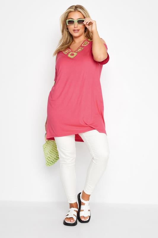 Plus Size Pink Crochet Neckline Cold Shoulder Top | Yours Clothing 2