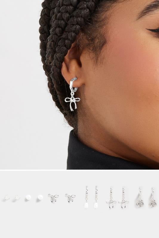 6 PACK Silver Tone Bow & Pearl Earrings | Yours Clothing 1