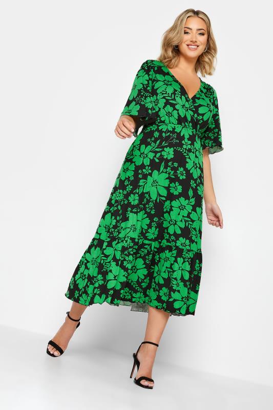 YOURS Plus Size Black & Green Wrap Angel Sleeve Midi Dress | Yours Clothing 1