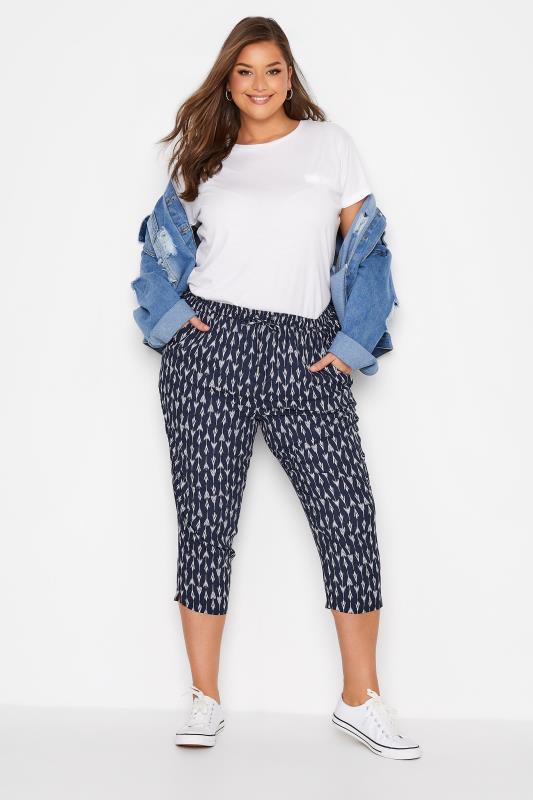 Plus Size Navy Blue Arrow Print Print Cropped Joggers | Yours Clothing  2