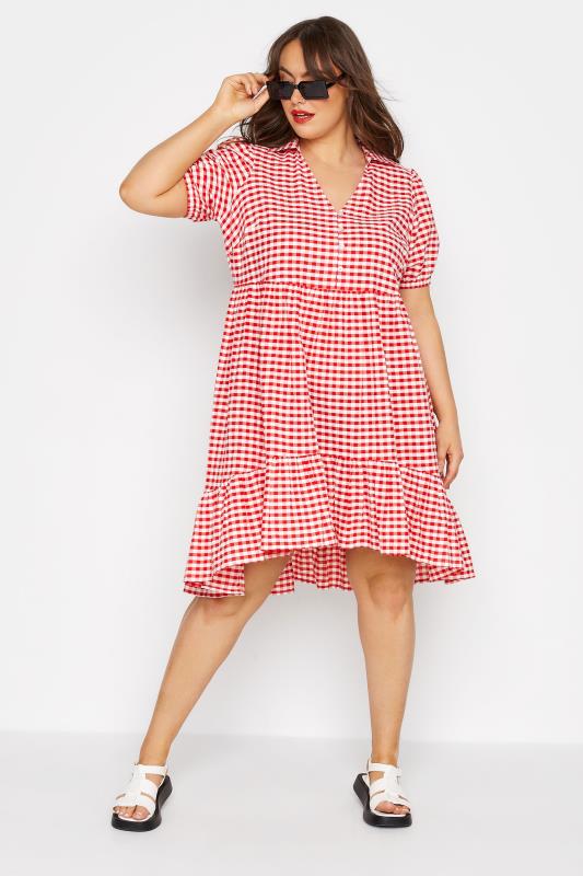 LIMITED COLLECTION Curve Red Gingham Dipped Hem Smock Dress_B.jpg