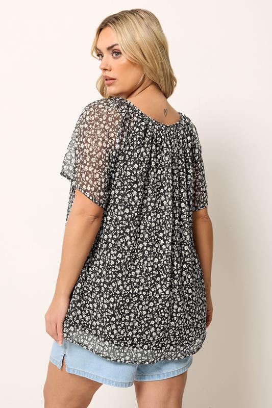 YOURS Plus Size Navy Blue Floral Short Sleeve Pintuck Blouse | Yours Clothing 2