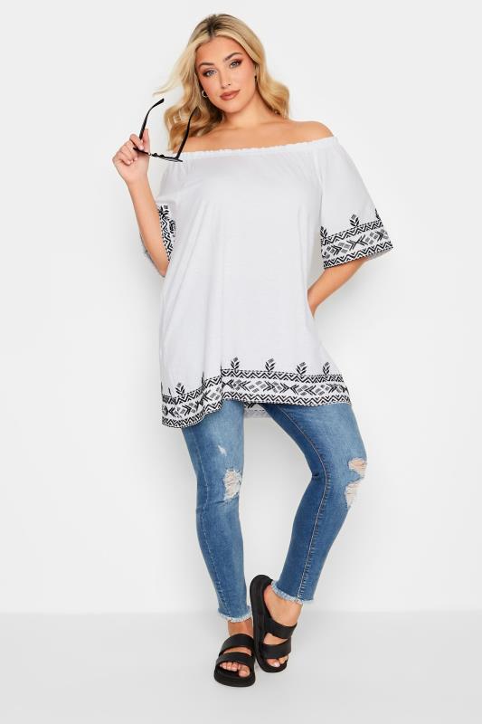 YOURS Plus Size Black Embroidered Hem Bardot Top | Yours Clothing 2