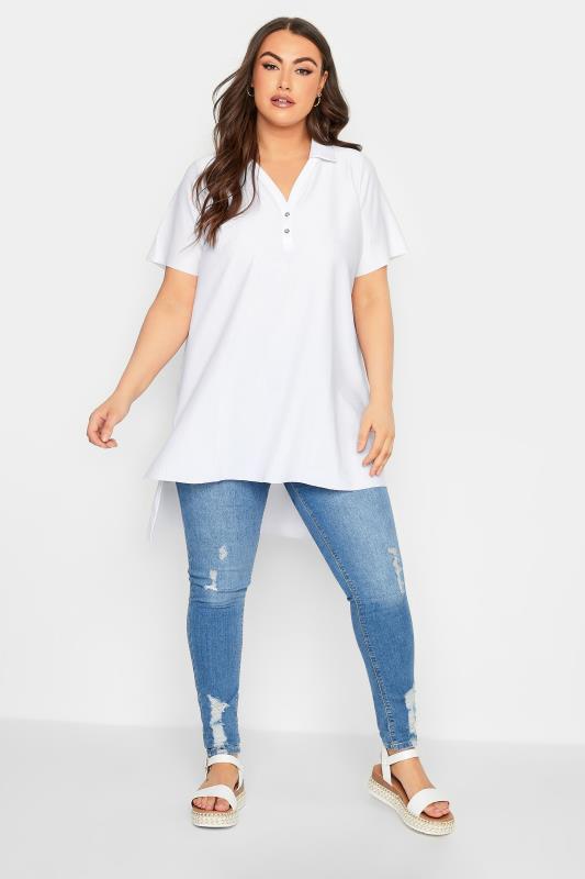 YOURS Plus Size White Ribbed Polo Top | Yours Clothing 2