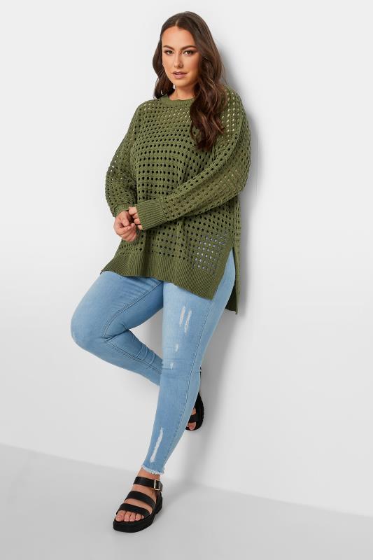 YOURS Plus Size Khaki Green Side Split Crochet Jumper | Yours Clothing 2