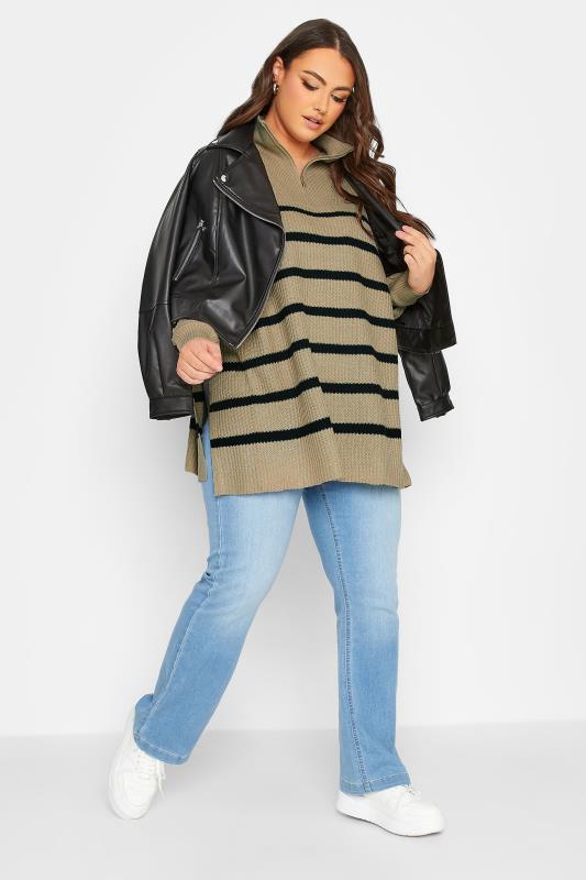 Curve Beige Brown Stripe Quarter Zip Knitted Jumper | Yours Clothing  2