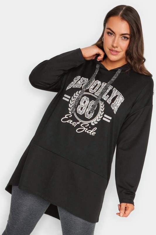 YOURS Plus Size Black 'Brooklyn' Slogan Longline Hoodie | Yours Clothing 1