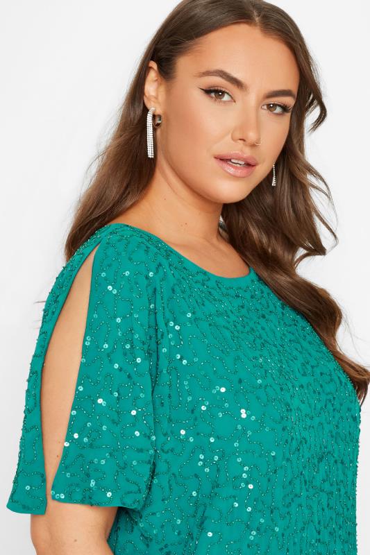 LUXE Plus Size Teal Green Sequin Hand Embellished Cape Dress | Yours Clothing 4