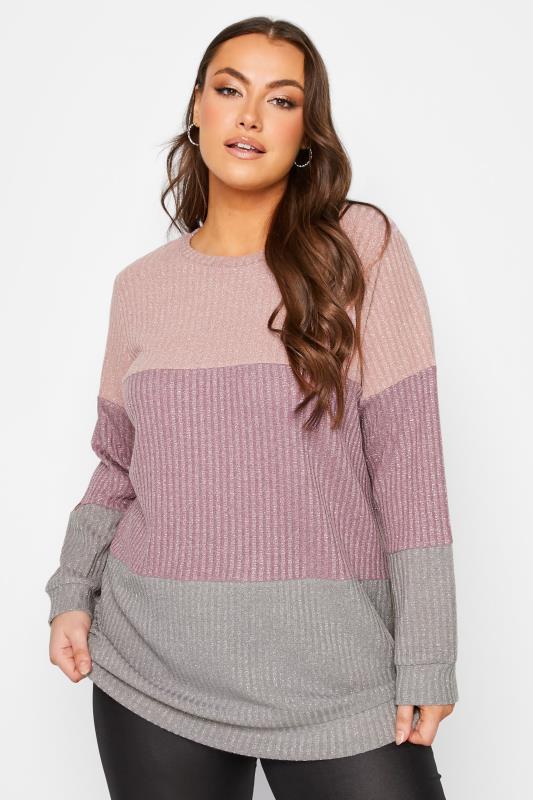 YOURS LUXURY Plus Size Womens Pink & Grey Colourblock Soft Touch Metallic Jumper | Yours Clothing  1