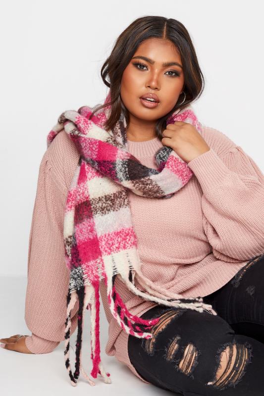 Plus Size  Yours Pink Check Print Super Soft Scarf