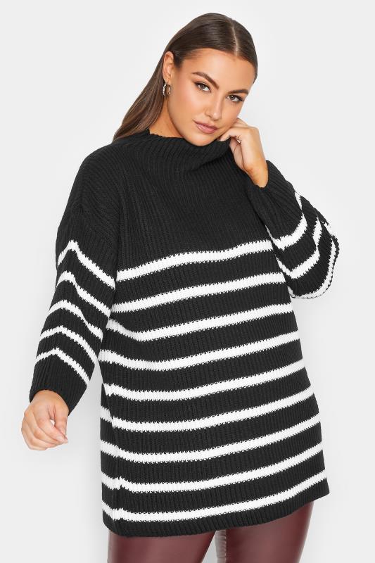 YOURS LUXURY Plus Size Black Stripe High Neck Jumper | Yours Clothing 2