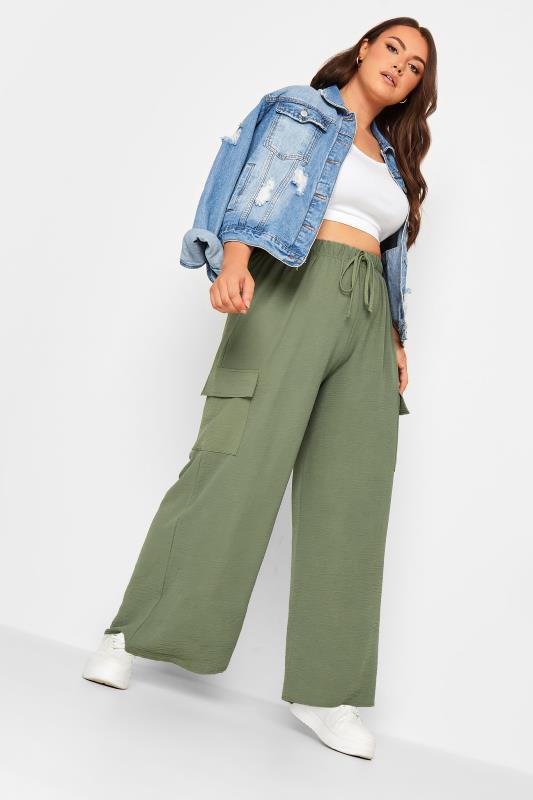 YOURS Plus Size Khaki Green Wide Leg Crepe Cargo Trousers | Yours Clothing