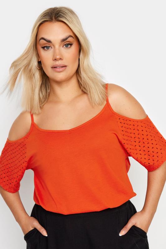 YOURS Plus Size Orange Broderie Anglaise Cold Shoulder Top | Yours Clothing 4