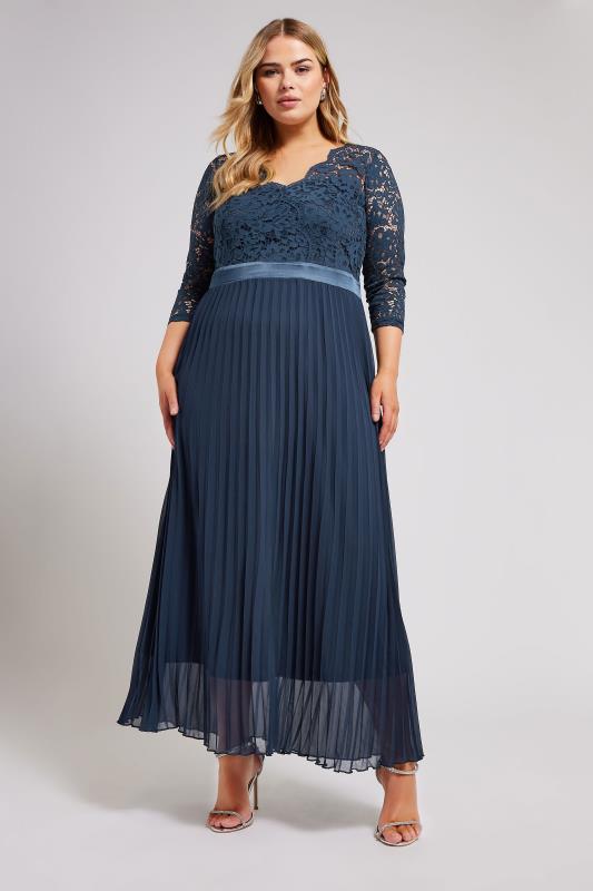  YOURS LONDON Curve Navy Blue Lace Wrap Pleated Maxi Dress