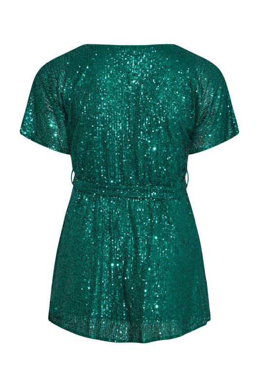YOURS LONDON Plus Size Emerald Green Sequin Embellished Wrap Top | Yours Clothing 6
