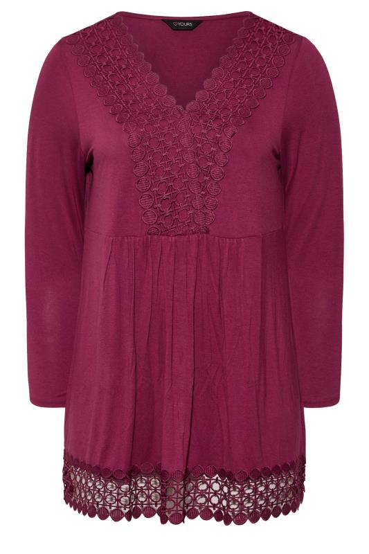 Curve Dark Pink Crochet Trim Long Sleeve Tunic Top 6